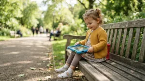 A toddler problem-solving with a cognitive development tablet for toddlers on a sunny park bench.
