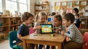 Children engaged with a cognitive development tablet for toddlers during a preschool group activity.