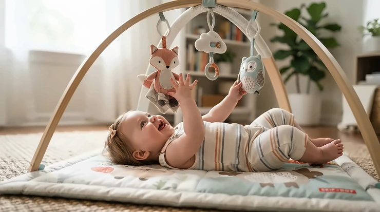 An overhead baby play gym serving as cognitive development toys for infants to reach, bat, and track moving objects.