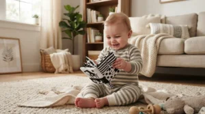 A baby exploring a high-contrast fabric book as part of cognitive development toys for infants to boost sensory skills.