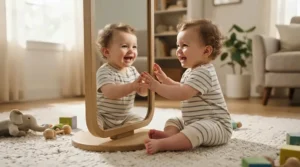 An infant smiling at an unbreakable baby mirror, featuring cognitive development toys for infants that encourage self-awareness.