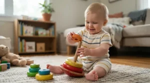 A classic plastic ring stacker shown as essential cognitive development toys for infants mastering size sorting.