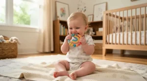 An infant chewing on a textured silicone teether, showcasing safe cognitive development toys for infants.