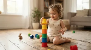 Colorful nesting cups used as cognitive development toys for infants to practice problem-solving and hand-eye coordination.
