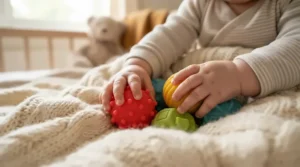 Textured tactile spheres acting as cognitive development toys for infants to stimulate touch and sensory growth.
