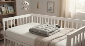 A warm and safe nursery setup featuring a folded 3.5 TOG winter sleep bag on a crib.
