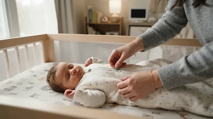 Parent tucking a baby in with a soft pesticide free sleep sack for nighttime routine.