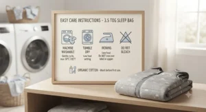 Care instructions graphic highlighting machine washability for the 3.5 TOG winter sleep bag.