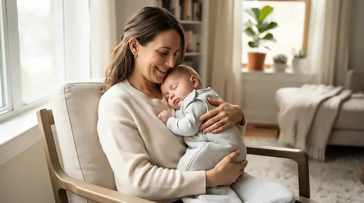 Parent holding a baby dressed in an eco-friendly GOTS certified sleep sack