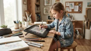 A creative child using a stylus to draw digital art on an educational tablet for preschoolers.