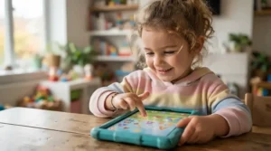 Young child smiling while using an educational tablet for preschoolers to trace alphabet letters on a bright touchscreen.