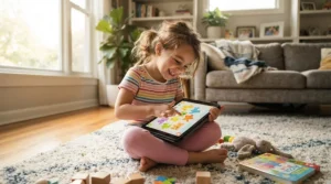 Toddler exploring science puzzles and animal sounds on an educational tablet for preschoolers during playtime.