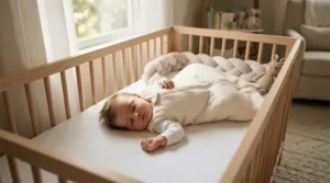 Baby resting peacefully in a GOTS certified sleep sack made from soft organic cotton