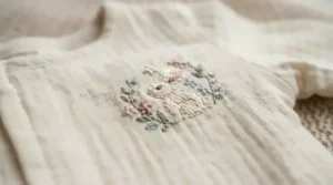 Detailed view of stitching on a hypoallergenic pesticide free sleep sack for delicate skin.