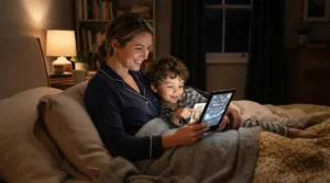 A parent and child sharing a bedtime story with an interactive storybook tablet for toddlers in a dimly lit bedroom.