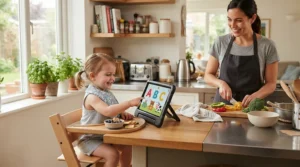 A toddler engaged with an interactive storybook tablet for toddlers while sitting safely in a kitchen high chair.