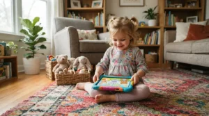 A smiling toddler using an interactive storybook tablet for toddlers while sitting on a cozy living room rug.