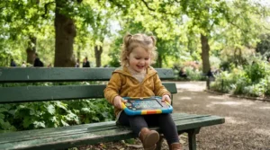 A toddler listening to narrated stories on an interactive storybook tablet for toddlers at a sunny park.