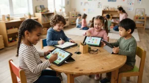 Young children exploring early literacy with an interactive storybook tablet for toddlers in a modern classroom.