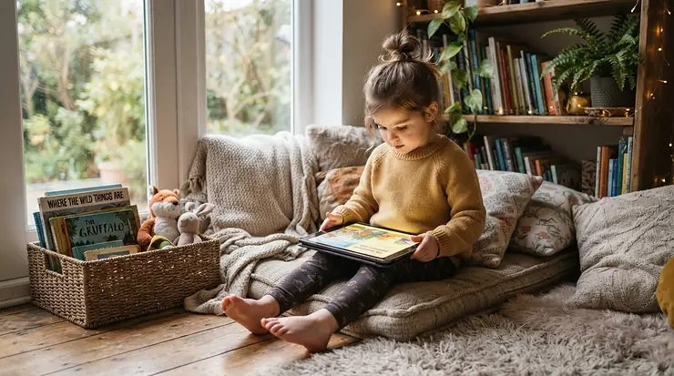 A child enjoying independent quiet time with an interactive storybook tablet for toddlers in a plush reading nook.