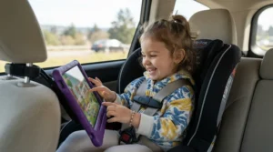 A young child staying entertained on a road trip using an interactive storybook tablet for toddlers in a car seat.