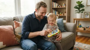 A father and toddler laughing together over a language learning toy for bilingual toddlers on the sofa
