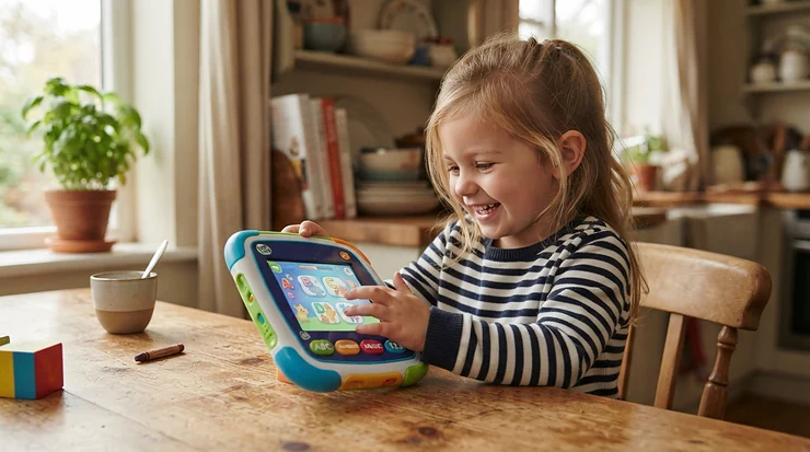A young child using a language learning toy for bilingual toddlers at a bright kitchen table
