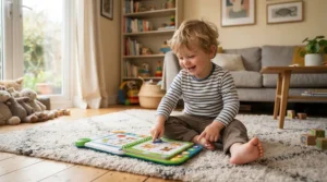 A toddler smiling while playing with a language learning toy for bilingual toddlers on a living room rug