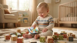 An infant engaged with a language learning toy for bilingual toddlers surrounded by alphabet blocks