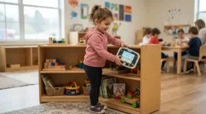 A young student exploring a language learning toy for bilingual toddlers on a low wooden shelf