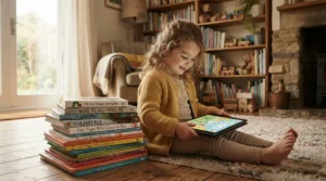 A child listening to a language learning toy for bilingual toddlers next to a stack of picture books