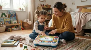 A mother and child sharing a language learning toy for bilingual toddlers on the bedroom floor