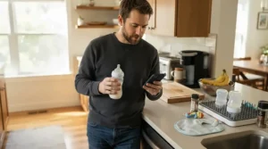 An enthusiastic dad using a first-time parent baby tracking app on his phone at the kitchen island.