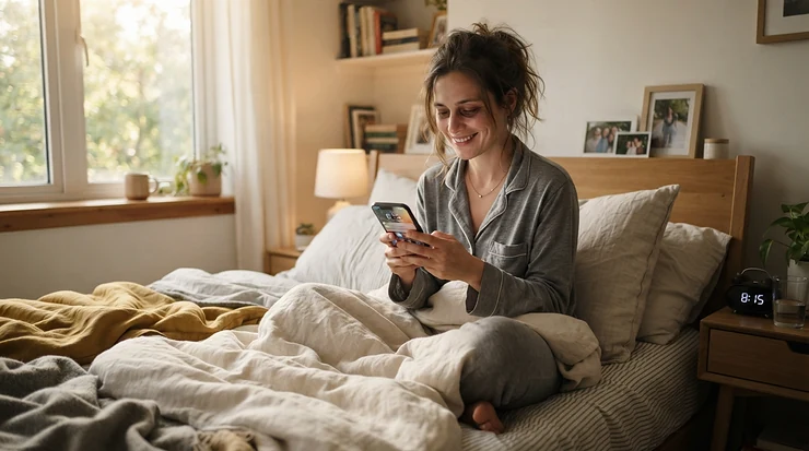 A young mother checking daily feeding and sleep logs on her milestone tracker app for first-time parents.