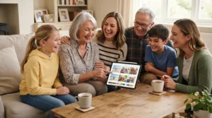 Grandparents and parents connecting through a milestone tracker app for first-time parents on a tablet.