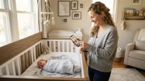 A mother viewing infant growth charts on a milestone tracker app for first-time parents near the crib.