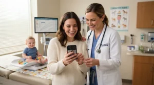 A mother showing pediatrician well-visits data on her milestone tracker app for first-time parents during a doctor appointment.