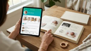 Deciding on a milestone tracker journal vs digital tracker for babies while holding a tablet in the nursery
