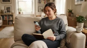 Weighing options in a milestone tracker journal vs digital tracker for babies review on the sofa