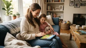 A mother managing screen time and app settings on a parental control tablet for her toddler