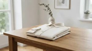 Neutral nursery setup featuring a folded GOTS certified sleep sack on a wooden dresser