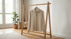 Freshly laundered GOTS certified sleep sack hanging on a wooden drying rack