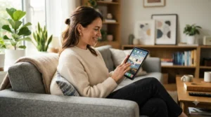 A parent checking web filtering and safe app access on a parental control tablet for toddlers