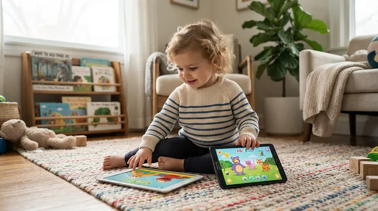A toddler looking at a durable parental control tablet compared to a regular tablet on a living room rug, parental control tablet vs regular tablet for toddlers
