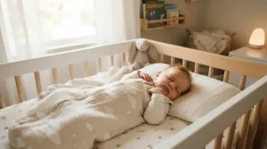 An infant resting comfortably in a pesticide free sleep sack made of breathable organic cotton.