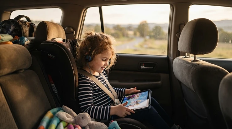 A young traveler happily engaged with educational tablet for preschoolers while seated in a car seat.