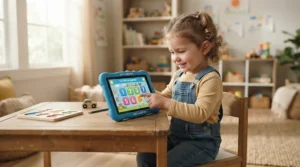 A smiling toddler engaging with math games on an educational tablet for preschoolers sitting at a small wooden table.