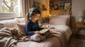 A preschooler wearing headphones while listening to phonics lessons on an educational tablet for preschoolers.
