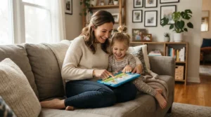 Parent and child laughing together while navigating apps on a secure educational tablet for preschoolers.