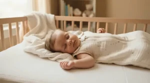 Infant wearing a breathable GOTS certified sleep sack for safe overnight sleep